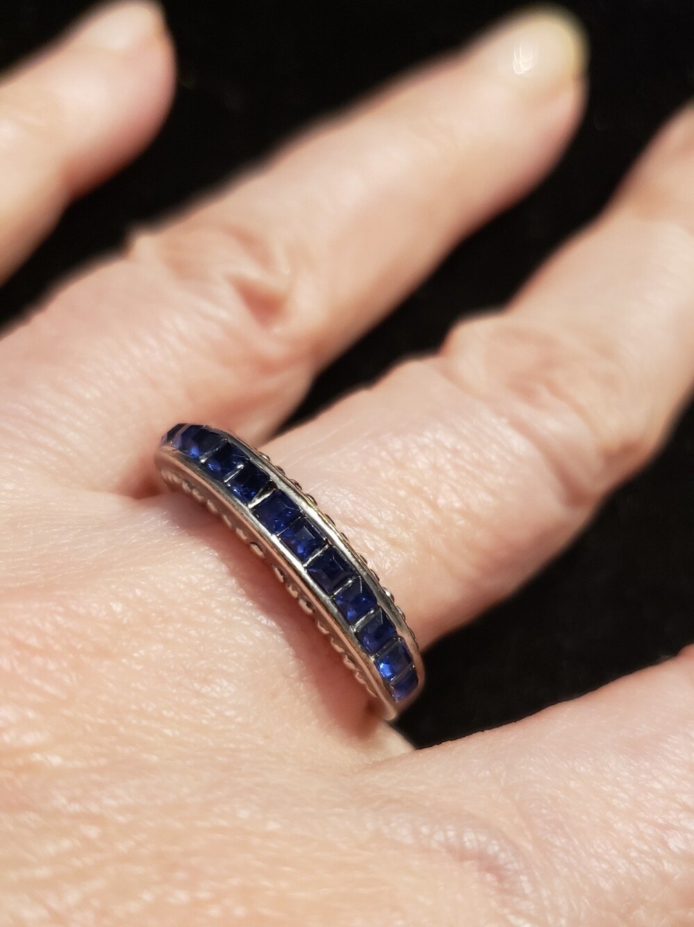 New Sz 9.75 Sapphire Channel-set Eternity Fashion Silvertone Ring Faceted Beauty